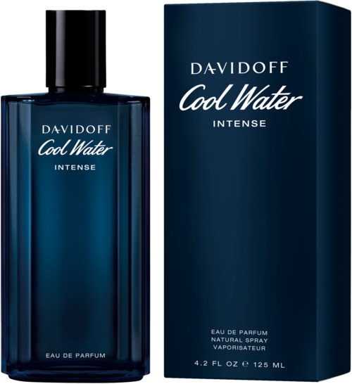 Eine dunkelblaue Parfümflasche und eine Schachtel mit weißem Text für Davidoff Cool Water Intense.