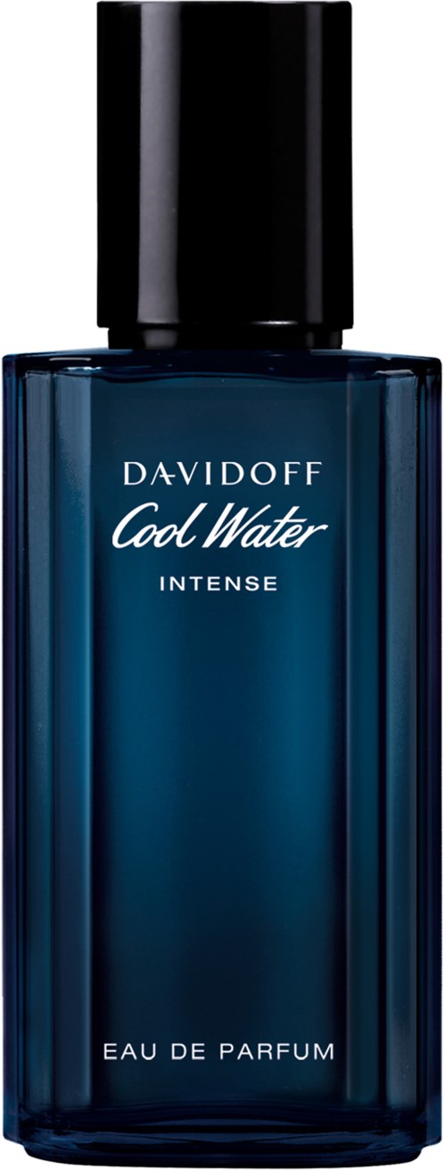 Niebieska butelka perfum z czarną zakrętką, oznaczona Davidoff Cool Water Intense, Eau de Parfum.