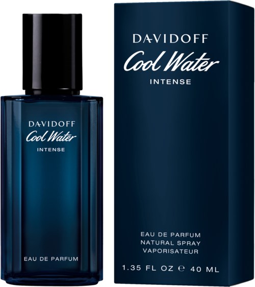 Błękitna butelka perfum z czarnym capsulkiem i pasującym opakowaniem, oznaczone Davidoff Cool Water Intense, 40 ml.