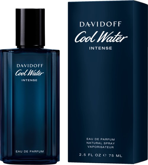 Dunkelblaue Parfümflasche mit passender Verpackung, beschriftet Davidoff Cool Water Intense, 75 ml.