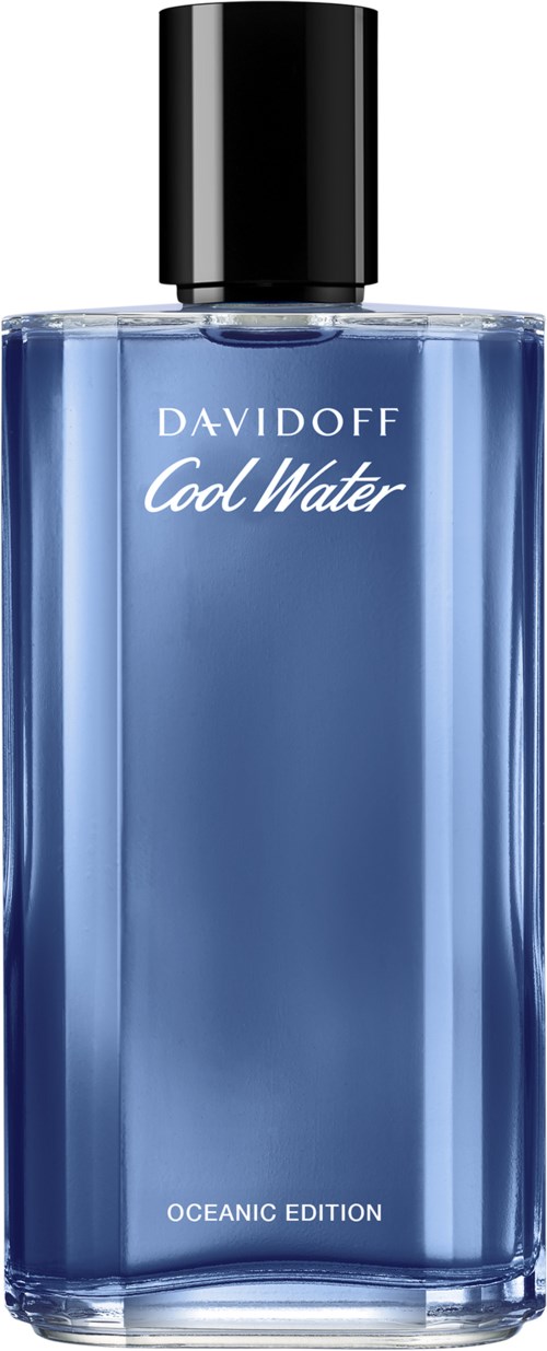 Niebieska butelka perfum z napisem 'Davidoff Cool Water Oceanic Edition' i czarnym korkiem.