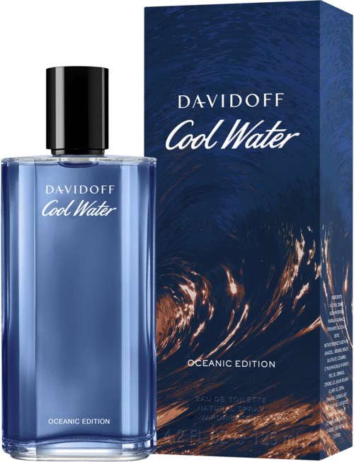 Butelka perfum i pudełko z etykietą Davidoff Cool Water Oceanic Edition, niebieskie z wodnym wzorem i czarnym korkiem.