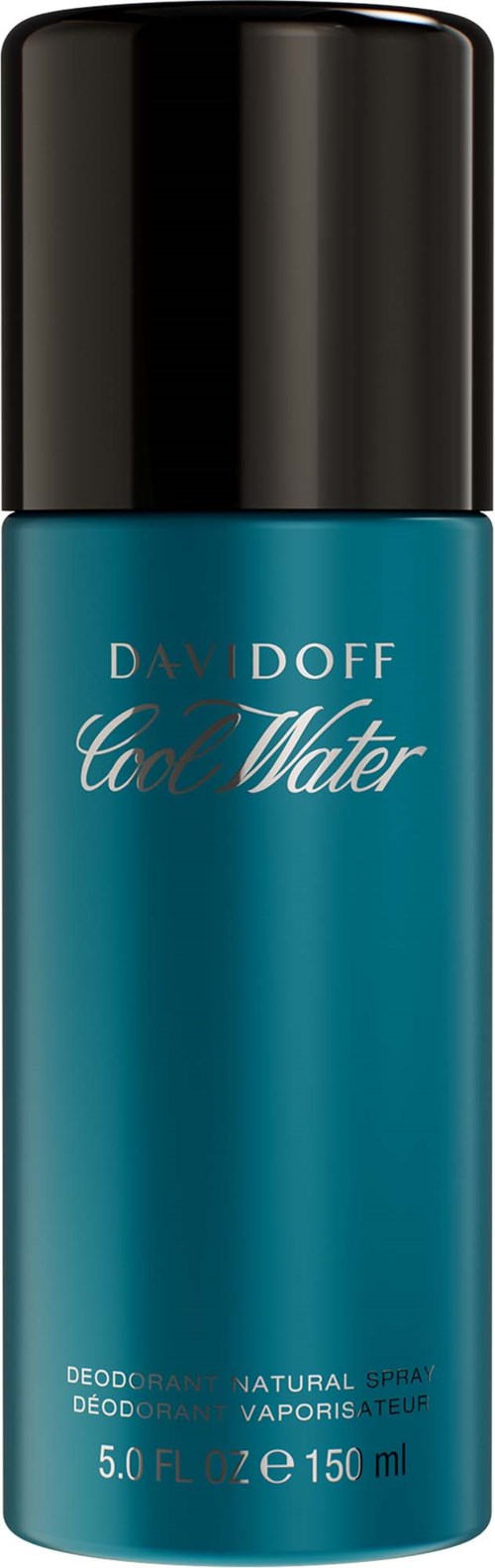 Eine lange blaue Sprayflasche mit Davidoff Cool Water Deodorant und schwarzem Deckel.
