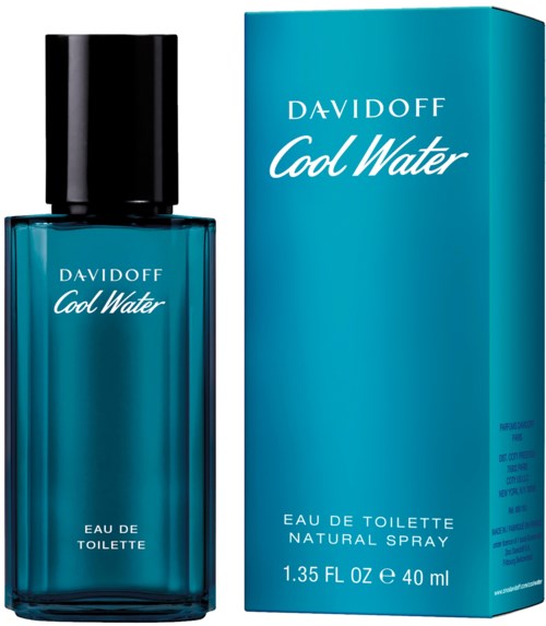 A blue perfume bottle with a black cap next to a matching blue box. The words "Davidoff Cool Water" are on both.
