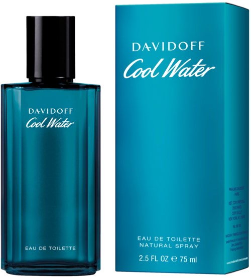 En blå parfymflaska märkt 'Davidoff Cool Water' bredvid sin box. Boxen och flaskan är främst blå.