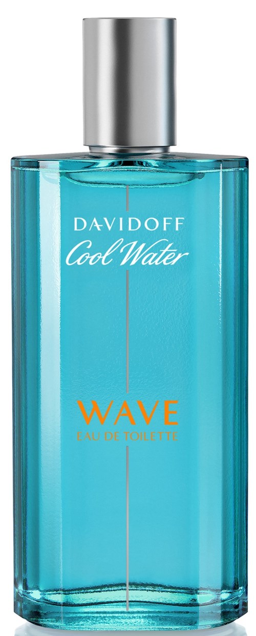 En lång, blå parfymflaska med silverlock, märkt 'DAVIDOFF Cool Water Wave.'