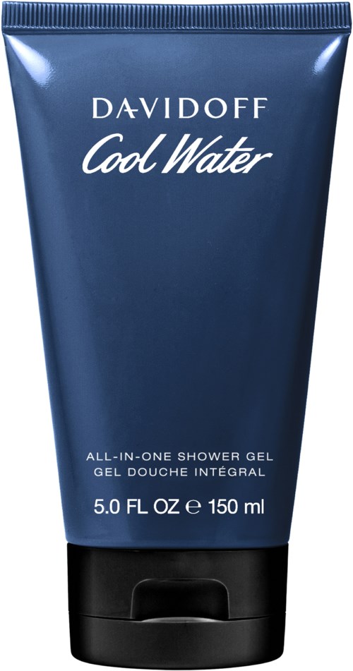 En blå tub med Davidoff Cool Water duschgel, 150 ml, för en uppfriskande känsla. Enkel design med vit och svart text.