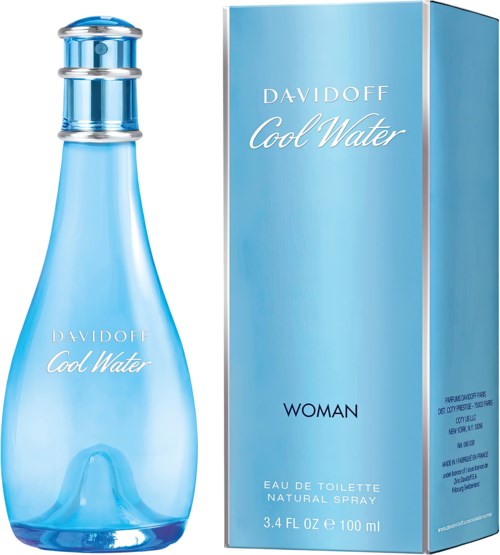 En ljusblå parfyllflaska märkt 'Davidoff Cool Water Woman' bredvid dess förpackning.