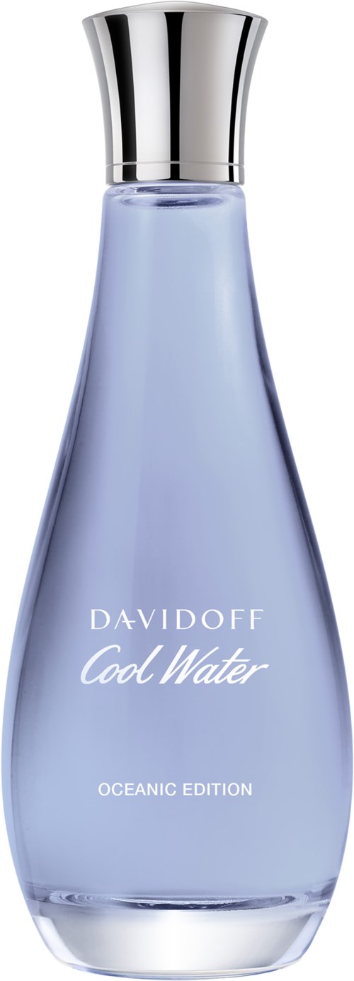 En blå vannflaske med sølvfóring, merket 'Davidoff Cool Water Oceanic Edition.'