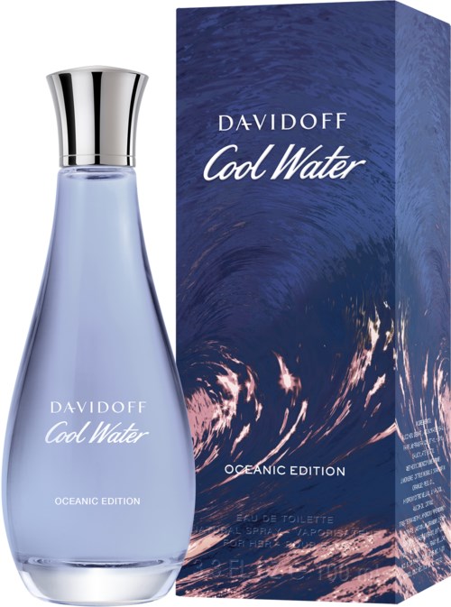 En parfymeflaske og eske merket Davidoff Cool Water Oceanic Edition, blå med vannbølge-design.