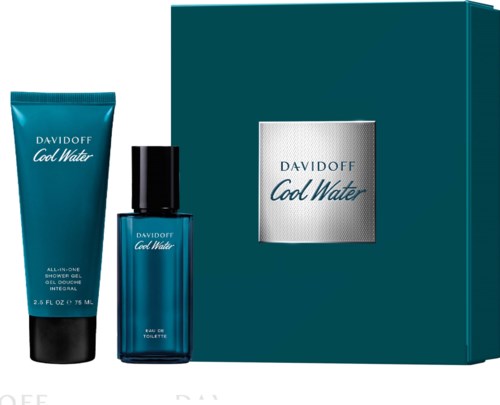 Zestaw perfum Davidoff Cool Water z niebieską butelką i dopasowanym pudełkiem.