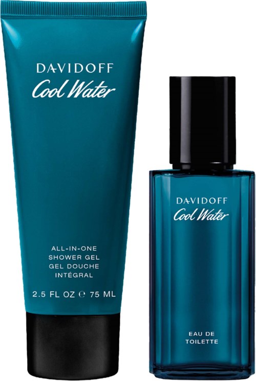 Niebieska żel pod prysznic i niebieska butelka perfum z linii Davidoff Cool Water.
