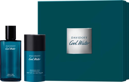 Zestaw prezentowy Davidoff Cool Water z flakonem perfum, dezodorantem i pudełkiem. Niebieska opakowanie i srebrne logo.