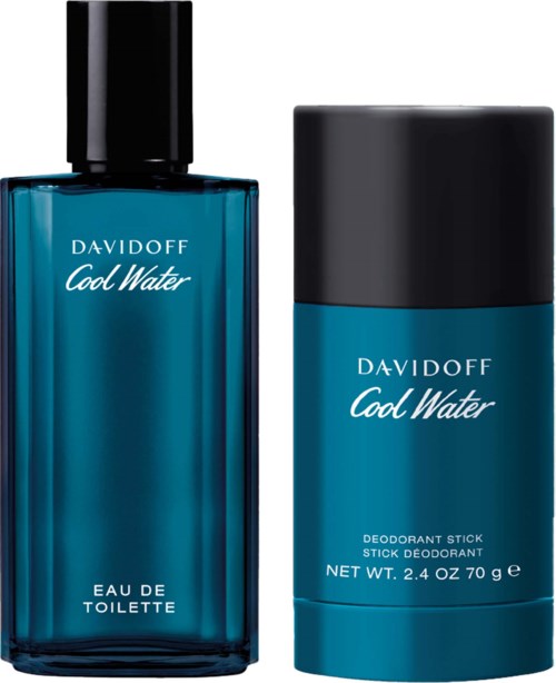 Dwie niebieskie butelki Davidoff Cool Water, jedna toaletowa i jedna krótsza pasta deodorantowa, z czarnymi nakrętkami.