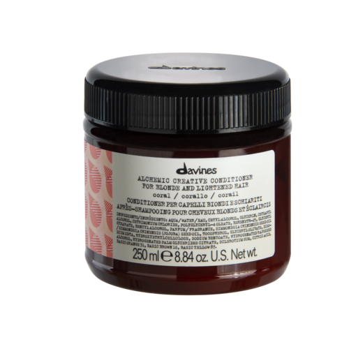 Ett burk med Davines Alchemic Creative Conditioner för blont och ljusfärgat hår, 250 ml, med svart lock och vit etikett.