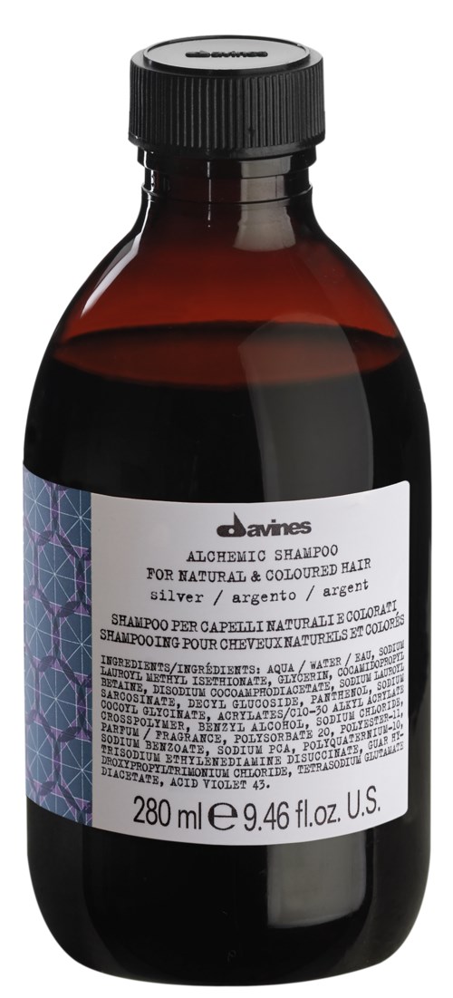 A dark brown bottle of Davines organic silver shampoo for colored hair, containing 280 ml, with a label and black cap.