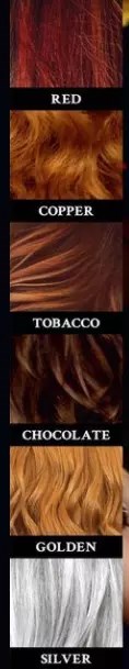 Vertical columns show different hair colors: red, copper, tobacco, chocolate, golden, silver.