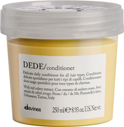 A yellow container of Davines Dede conditioner for all hair types, with red celery extract, 250 ml.