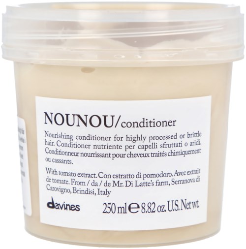 En bøtte med Nounou balsam med hvid etiket, der viser produktdetaljer, indeholder 250 ml, fra Italien.
