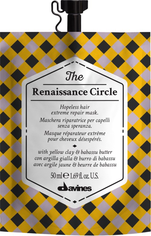 A label featuring a black, yellow, and white checkered background, and text about a hair repair mask by Davines.