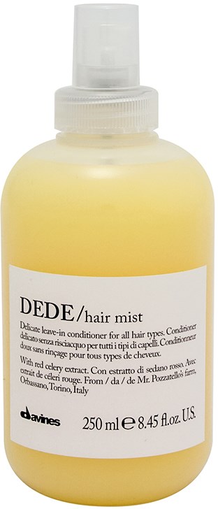 Een gele fles met een witte spraydop, gemarkeerd DEDE haarspray, bevat 250 ml haarconditioner.