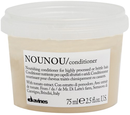En hårbalsambeholder mærket 'NOUNOU' fra Davines, med produktdetaljer og ingredienser.