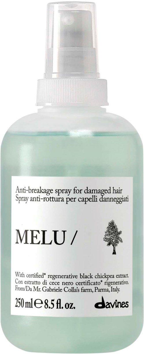 En sprayflaska märkt Melu anti-brytningsspray för skadat hår med svart kikärtextrakt. Innehåller 250 ml.
