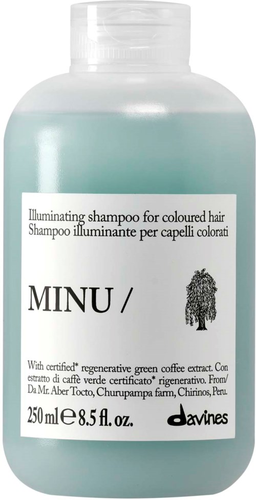 Flaska med Minu lysande schampo för färgat hår med grönt kaffextrakt, 250 ml, av Davines.