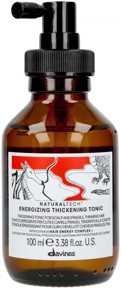 En brun flaske med sort pumpe; etiketten viser en stiliseret tegning af en bjørn og skovscene; produktet hedder "Energizing Thickening Tonic."