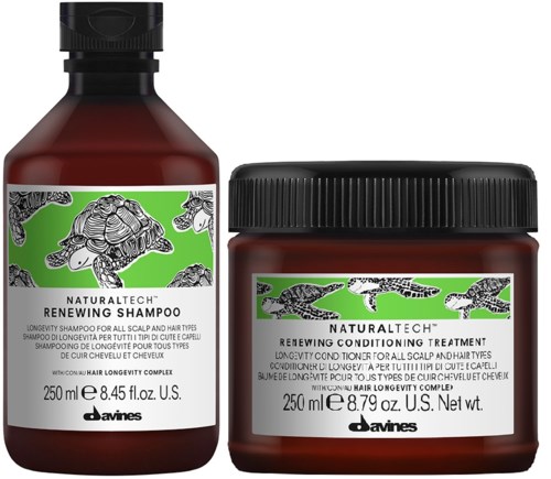 Shampoo og balsamflasker fra Davines med grøn og sort etikette design.