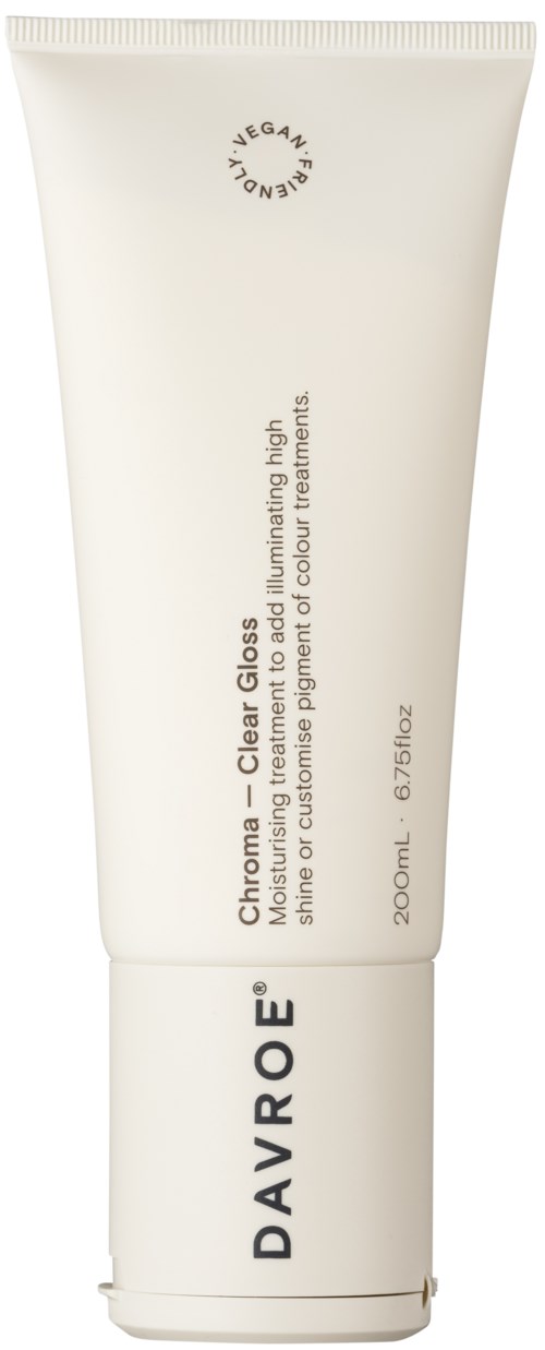 En hvid tube med Davroe Chroma Clear Gloss hårprodukt, 200 ml, med enkel tekst og design.