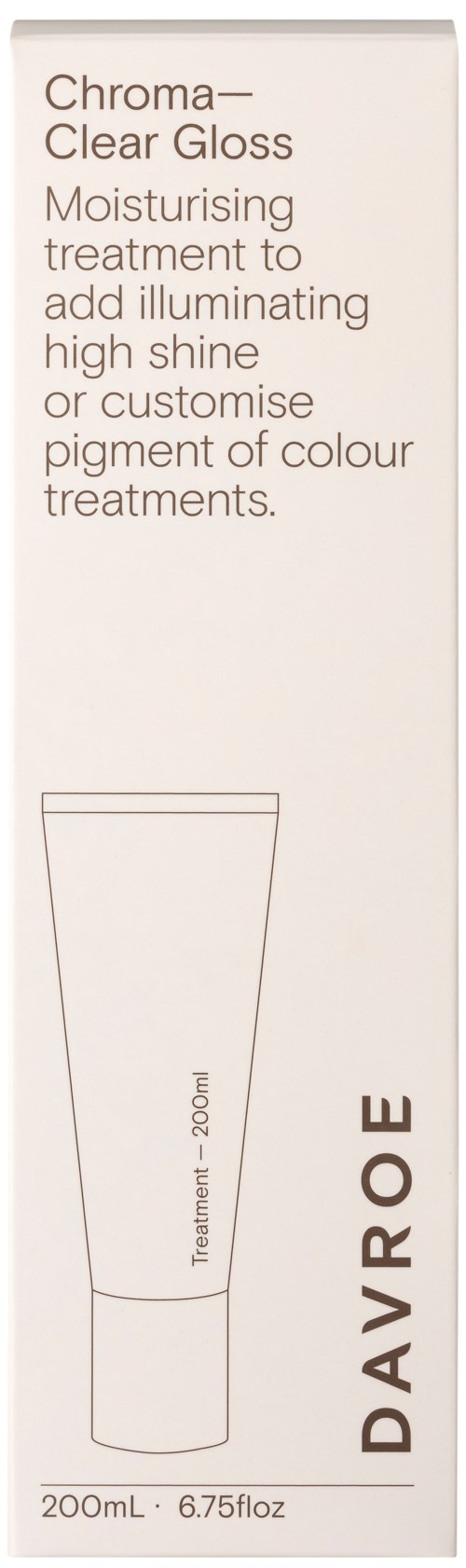 Et hudplejeprodukt kaldet Davroe Chroma Clear Gloss, en fugtgivende behandling i en hvid tube, 200 ml.