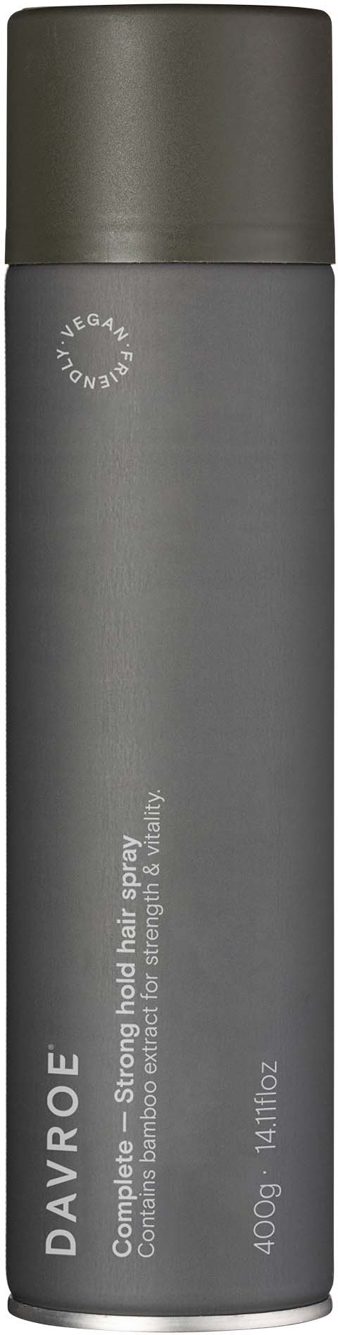 Gray Can with black lid, labeled Davroe, 400g, for hair care, strong hold spray.