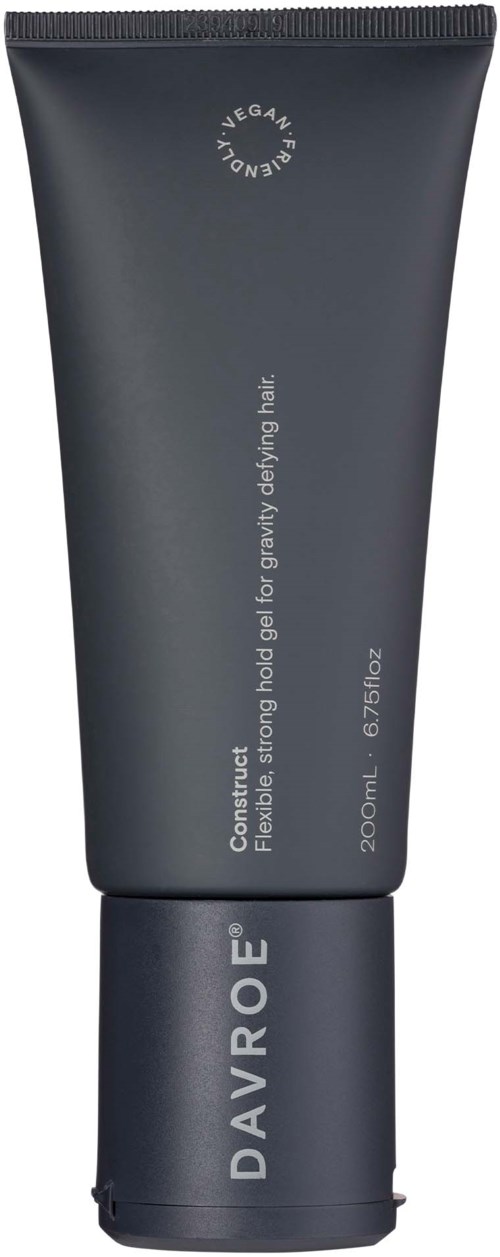 Sort tube med hvid tekst, siger den er vegansk, elastisk og stærk gel til kropsformning, 200 ml.