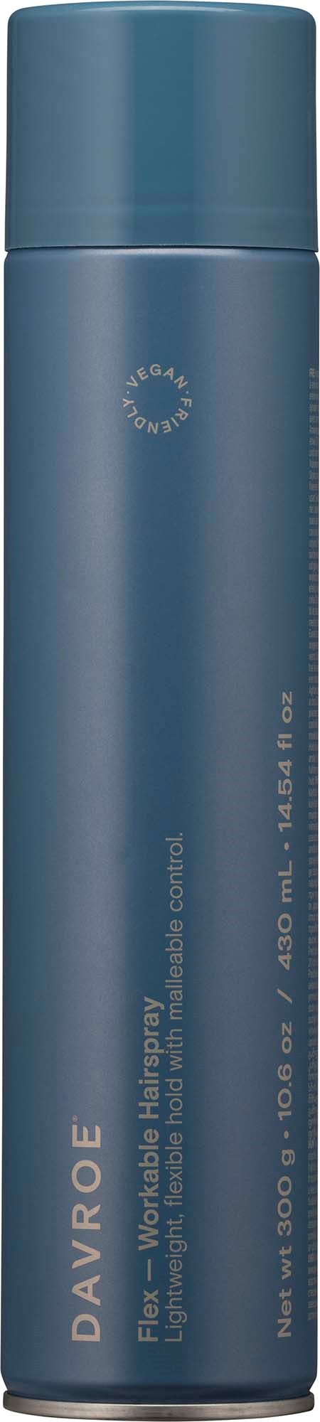 A tall, blue aerosol can of Davroe hair spray with product details and branding written on it.