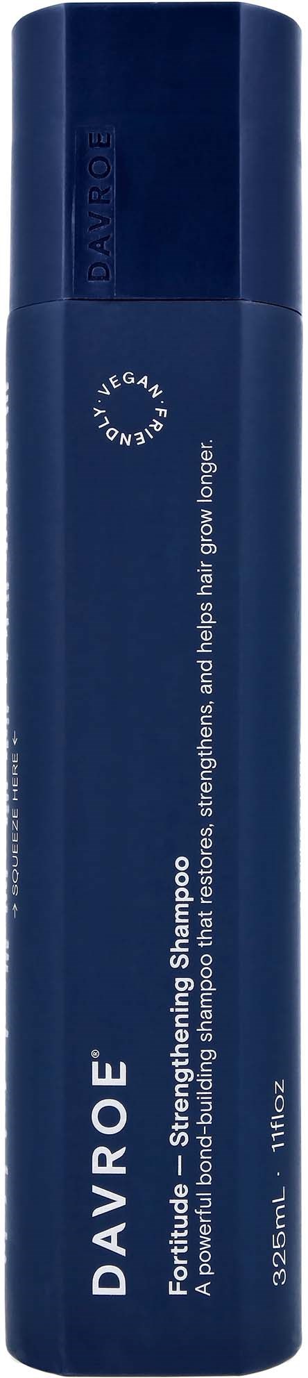 Eine blaue zylindrische Flasche mit weißen Text, steht für Davroe Fortifique Shampoo, 352ml.