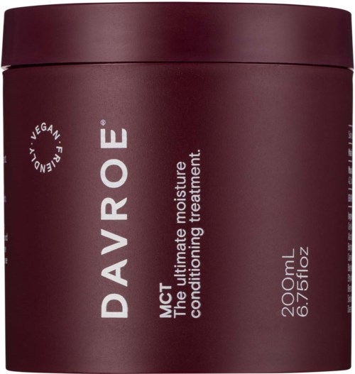 En mörkröd burk med Davroe MCT återfuktare för hår, märkt som vegansk, balsambehandling, storlek 200 ml.