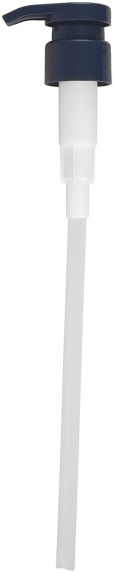 A white and black pump dispenser with a long nozzle for liquid products.