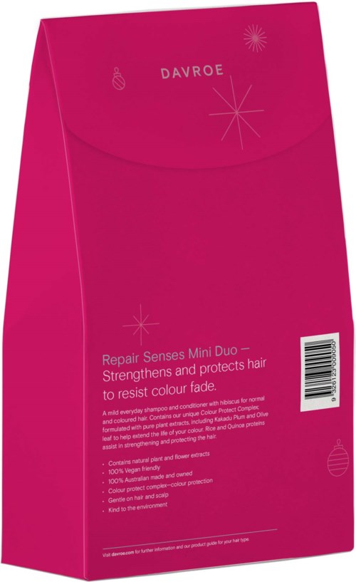 En rosa emballasje for hårpleie, med tittelen 'Repair Senses Mini Duo', med ikoner og strekkode, fremhever hårbeskyttelse.