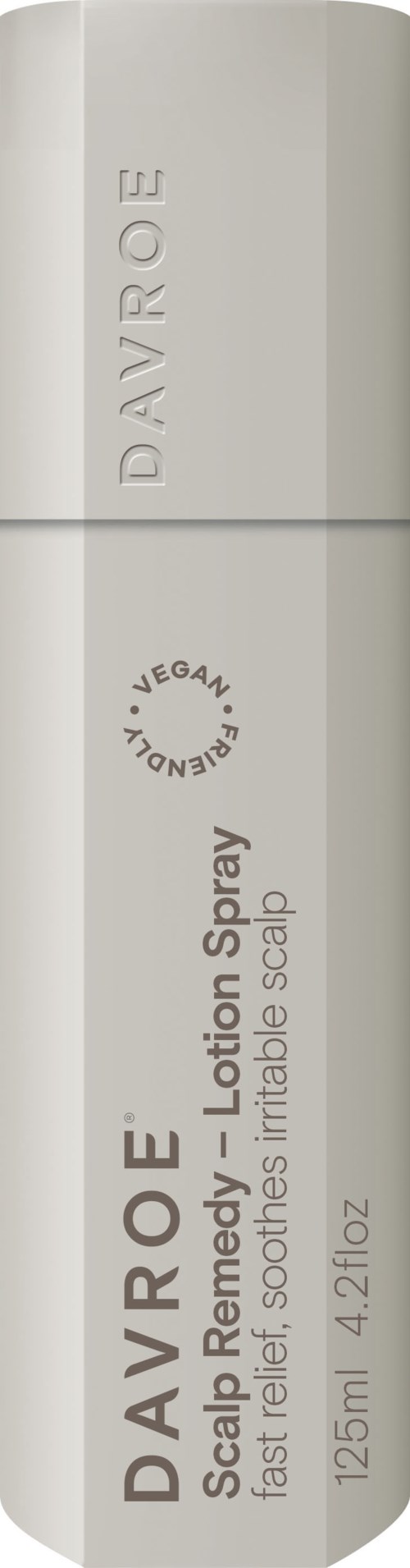 En vit flaska märkt Davroe scalp remedy spray, 125 ml, för mjäll och lugnande lindring.