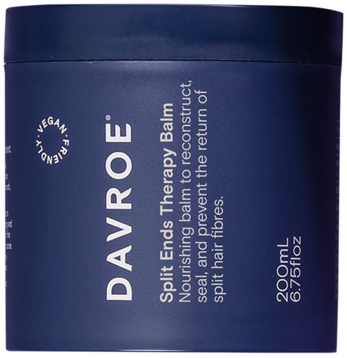 En blå beholder med Davroe split ends therapy balm, designet til at nære og reparere håret ved at forhindre spaltede spidser.