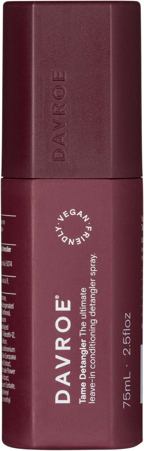 A maroon spray bottle labeled Davroe, for hair conditioning and care, standing upright.