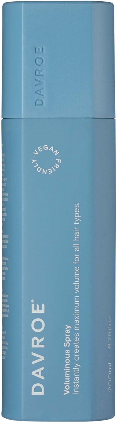 Blue spray can labeled D'AVROÉ, for all hair types, vegan, and increases volume.