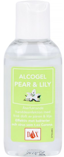 En liten genomskinlig flaska med vit kork, märkt 'ALCOGEL PEAR & LILLY', med en grön etikett och en enhörningsillustration.