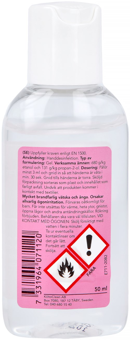 En genomskinlig handdesinfektionsflaska med varningsetikett i rosa, brandfarlig symbol och varningsutropstecken.