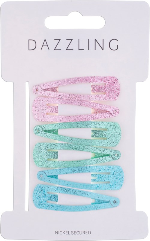Fem glitterhårklemmer i rosa, grønt og blått er på et hvitt kort merket "Dazzling".