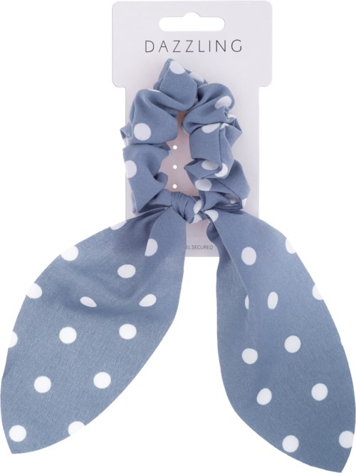 A light blue fabric headband with large white polka dots, tied in a bow at the top.
