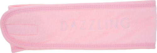 En lyserød sok med ordet "DAZZLING" skrevet på, lavet af blødt materiale.