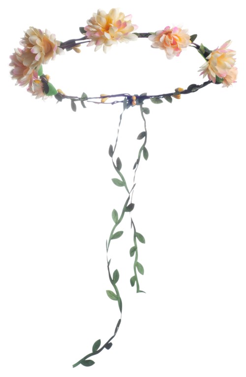 En blomsterkrans med rosa och persikafärgade blommor och en lång, lövklädd hängande band.