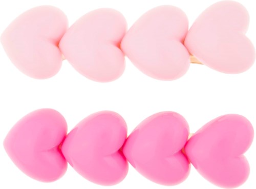 To rækker af lyserøde hjerteformede objekter, lys rosa øverst, mørkere rosa nederst, arrangeret pænt.